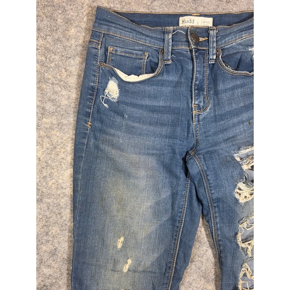 Y2K Mudd FLX Stretch Low Rise Skinny Jeans Medium Wash Distressed Denim Womens 5 - Picture 4 of 15